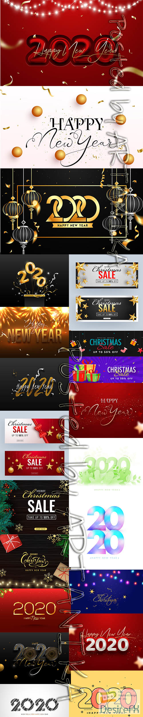 Happy New Year 2020 Illustration and Christmas Backgrounds Set
