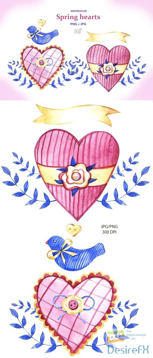 Watercolor spring hearts - 4694960