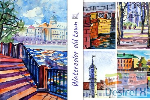 Watercolor old town landscapes - 4635037