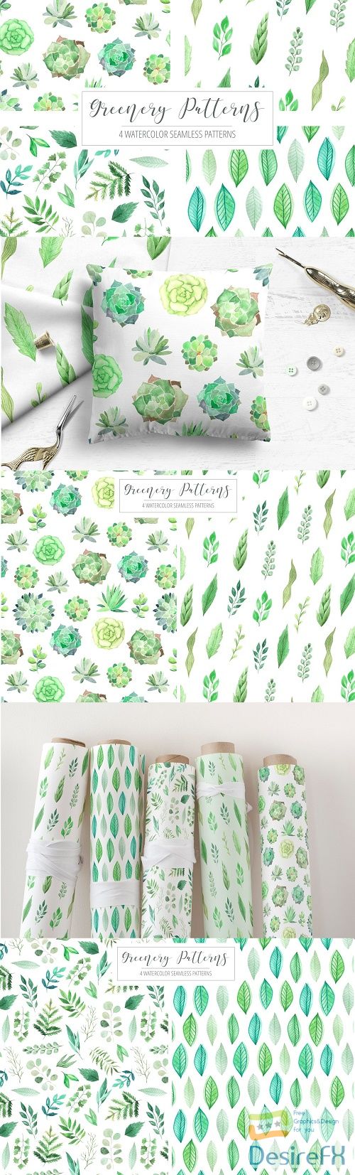 4 Watercolor Greenery Patterns - 2459464