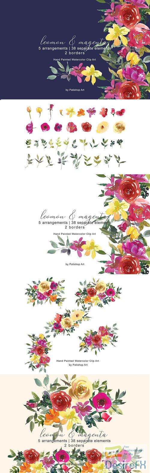 Lemon Magenta Floral Bouquet Clipart - 4654727