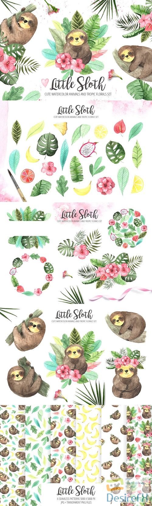 Watercolor Sloth and Tropic Florals - 3295561
