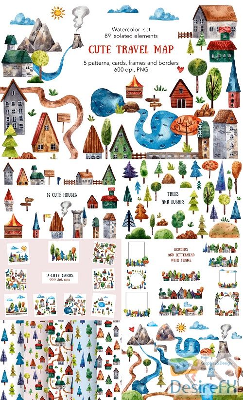 Cute Travel Map - Watercolor Set - 4688663
