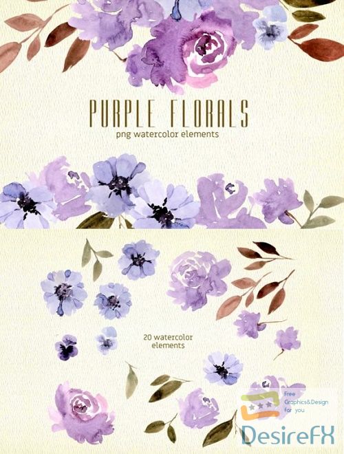Purple Florals Watercolor Clipart