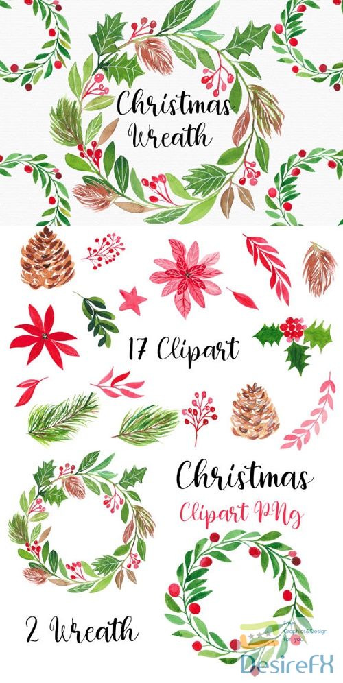Christmas Watercolor Wreath Clipart