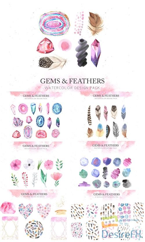 Watercolor Gems & Feathers Set - 3044922