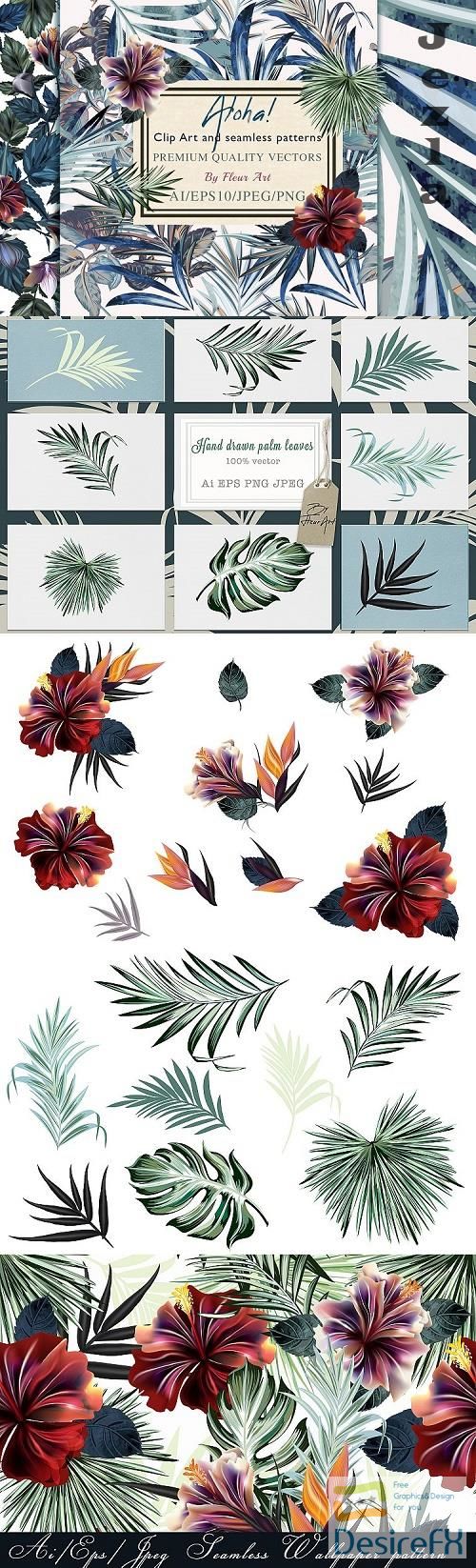 Tropical vector hibiscus illustrations set  - 522956