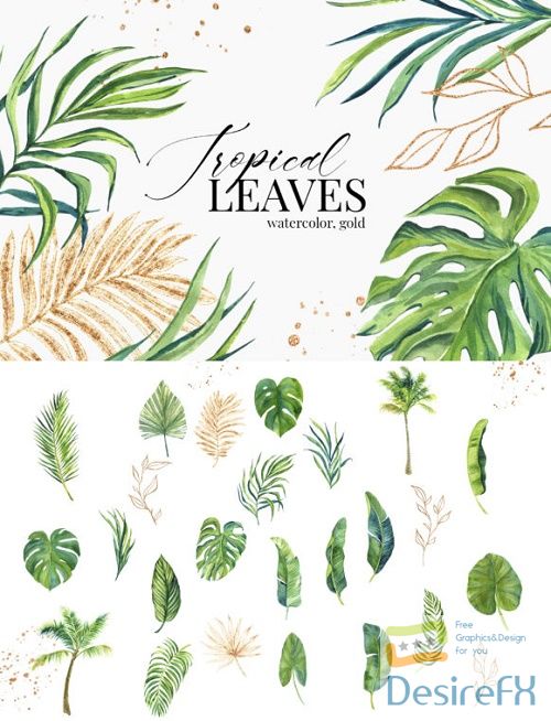 Tropical Green Golden Leaves Watercolor
