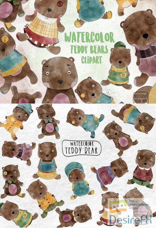 Watercolor Teddy bear Clipart. Set of 16 cute teddy bears - 484084