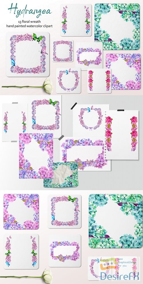 13 beautiful watercolor frames with hydrangea flowers  - 520612