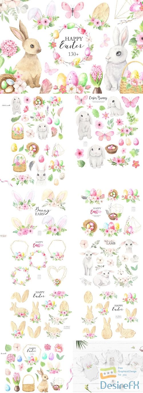 Watercolor Easter Spring Bunny Set - 4646768