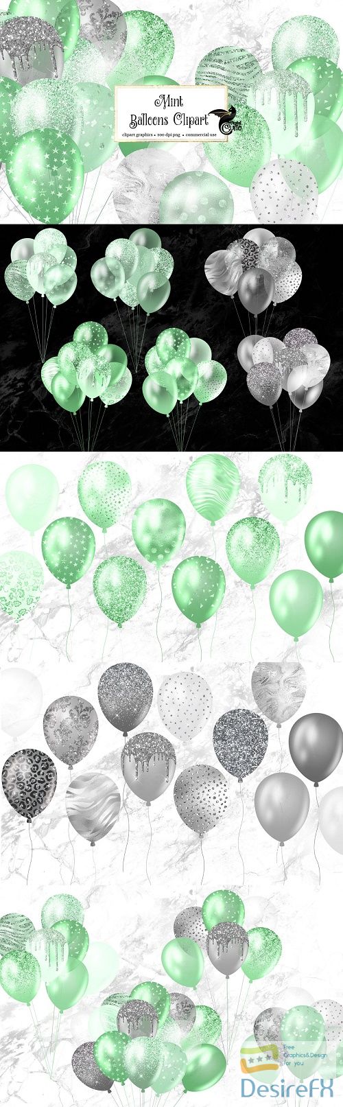 Mint Glitter Balloons Clipart - 4465589
