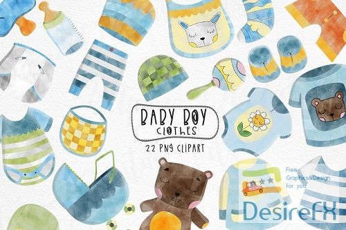 Watercolor Baby Boy Clothes clipart. Set of 22 children png  - 481048