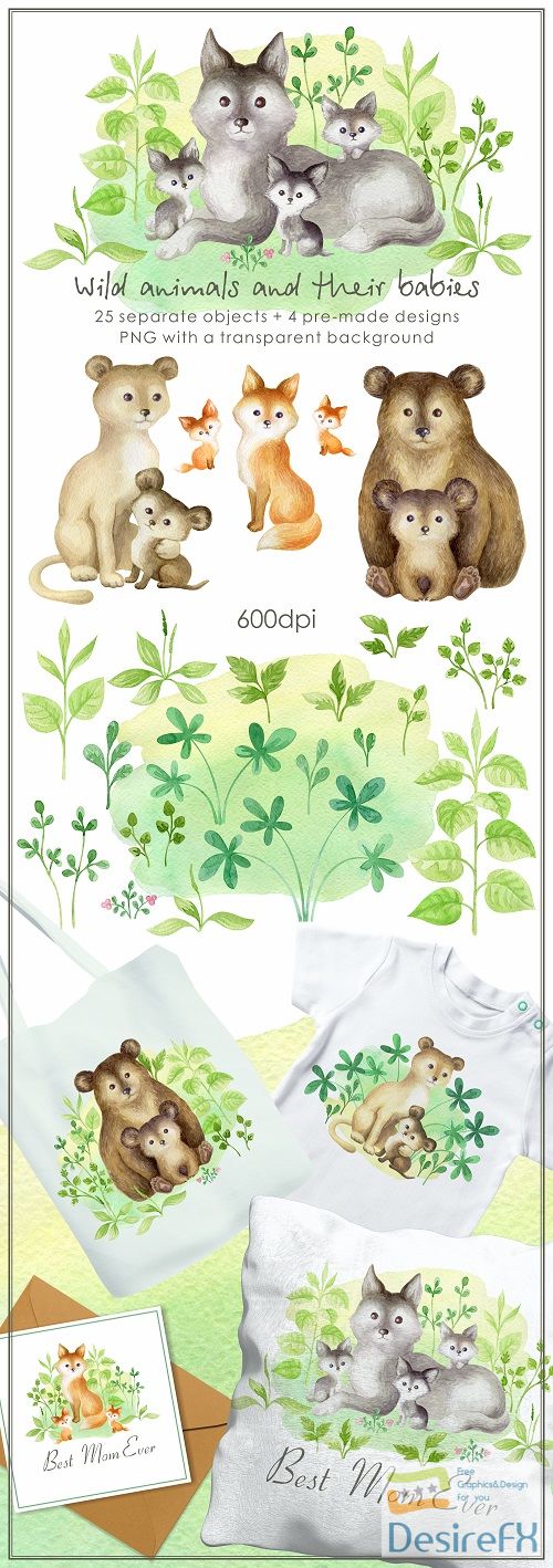 Wild animals and their babies. Mothers day watercolor set - 488423