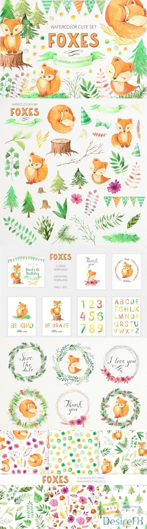 Watercolor Cute Foxes and Floral Set - 1638019