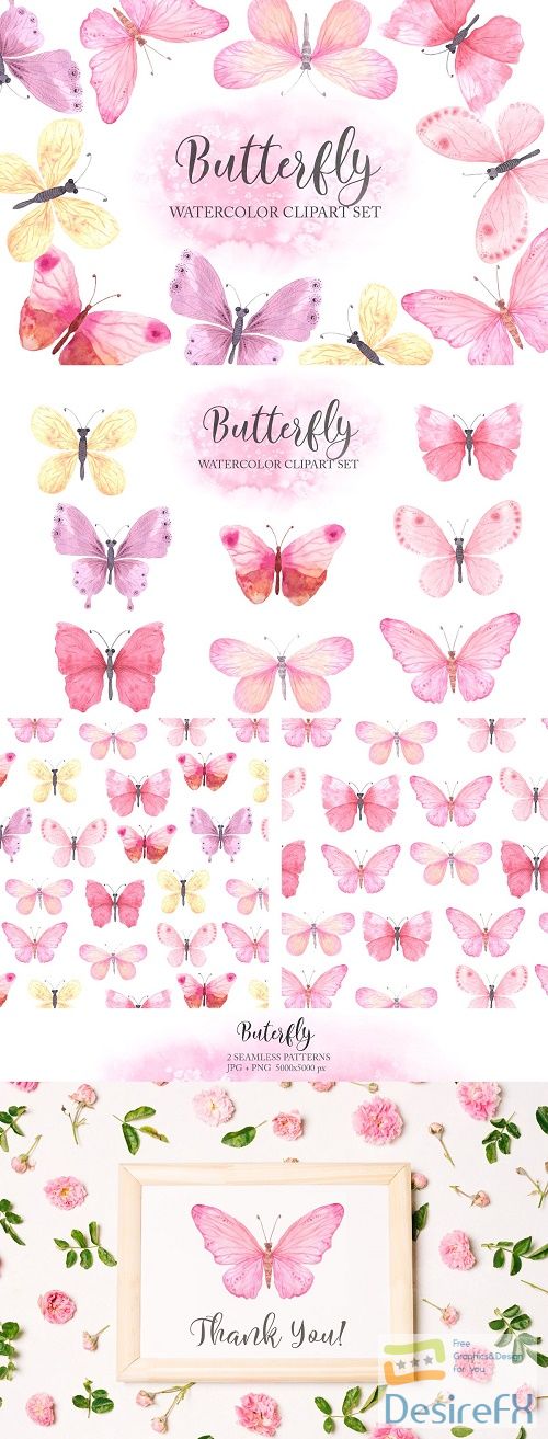 Watercolor Pink Butterfly Set - 3794868