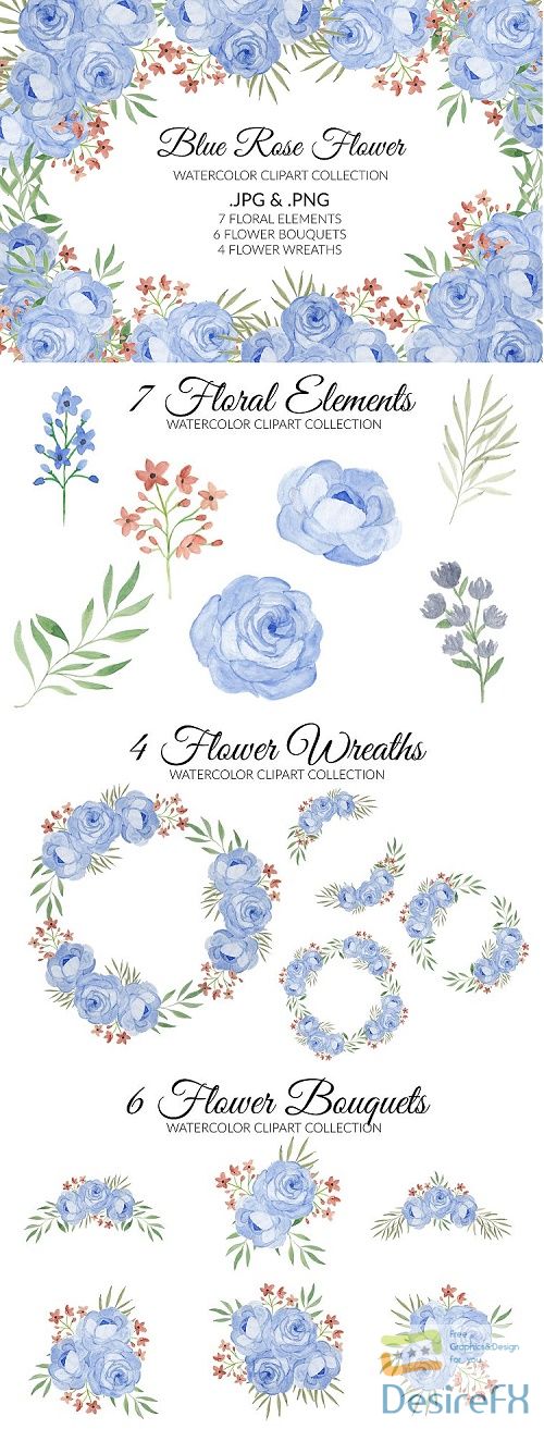 Blue Rose Flower Watercolor Clipart Collection - 515117