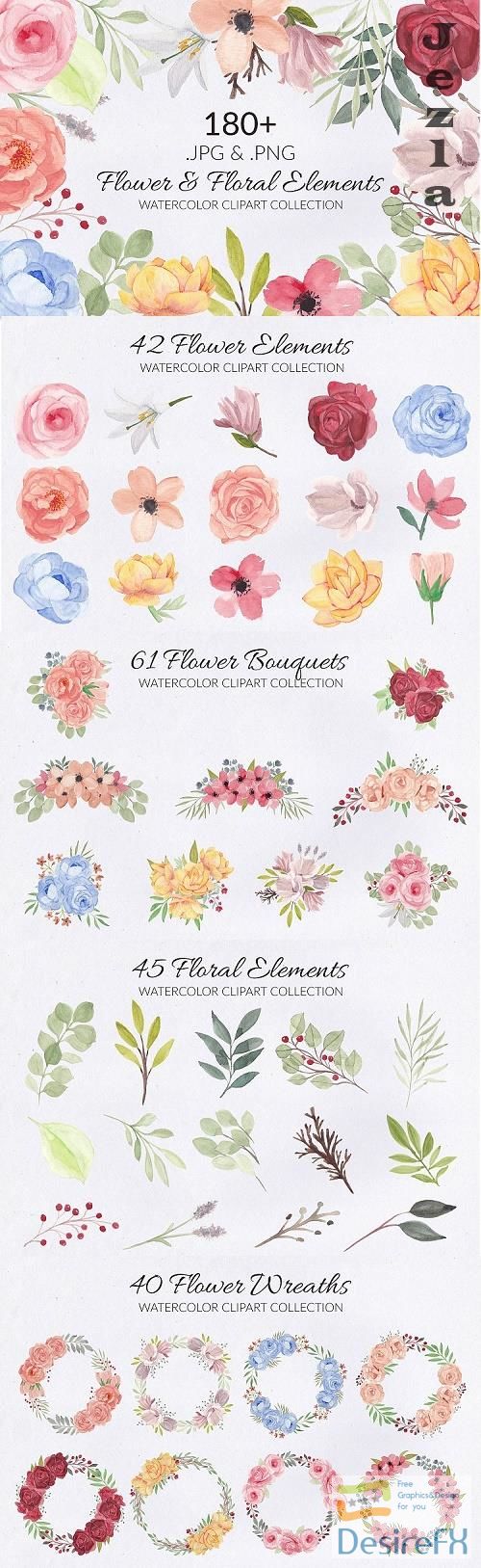 188 Flower and Floral Watercolor Illustration Clip Art - 524294