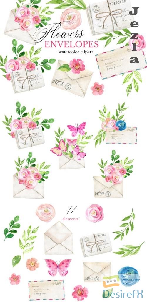 Watercolor Clipart Envelop Flowers