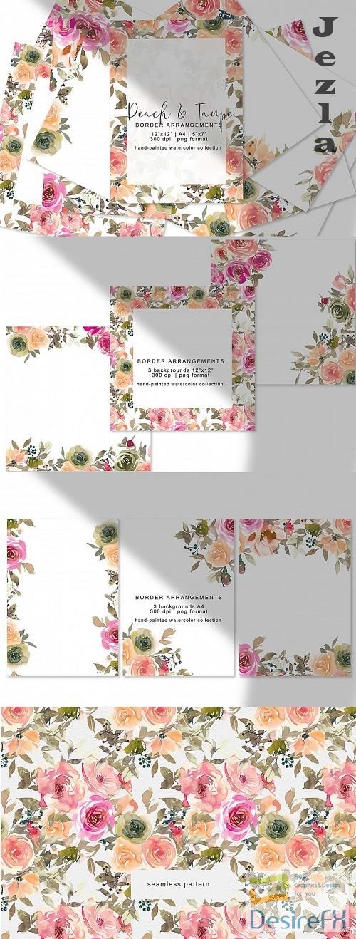 Peach and Taupe Watercolor Floral Border Arrangements - 538600