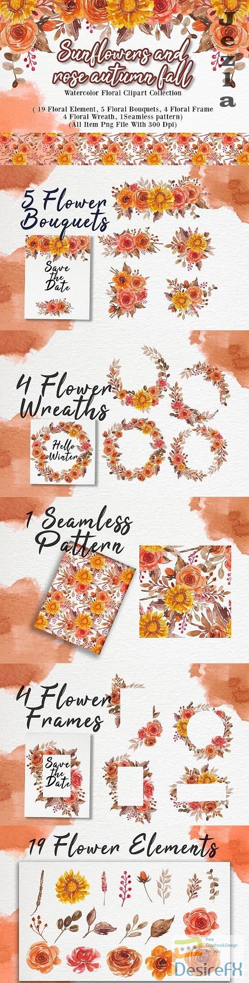 Sunflowers and rose autumn fall watercolor illustration set - 537098