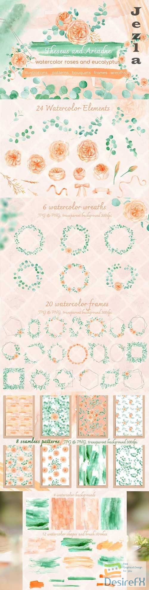 Watercolor eucalyptus and peach floral rose clipart - 556529
