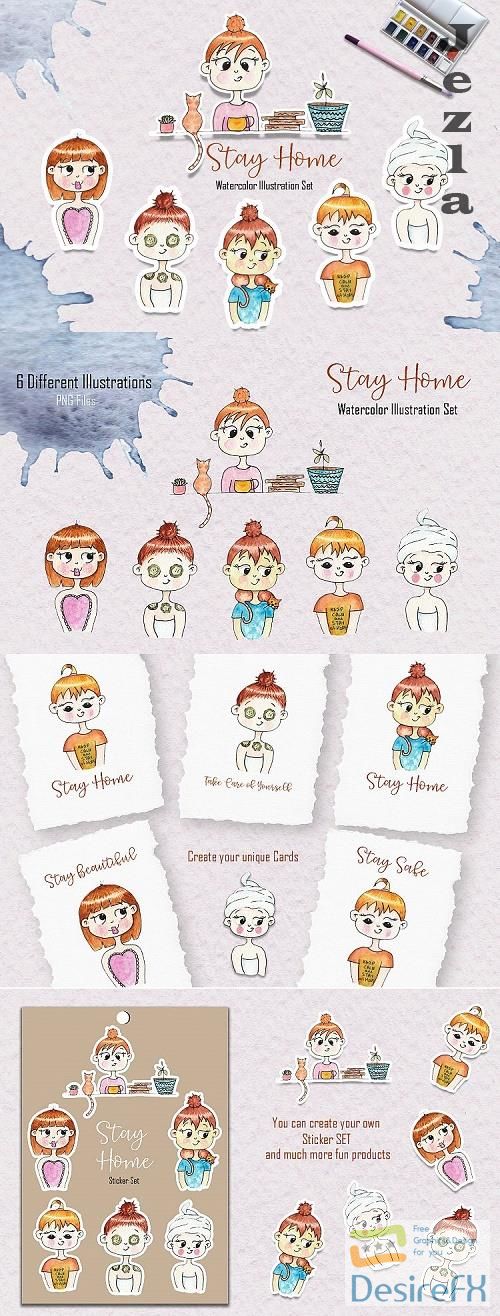 Watercolor Stay Home Girl Illustrations - 539053