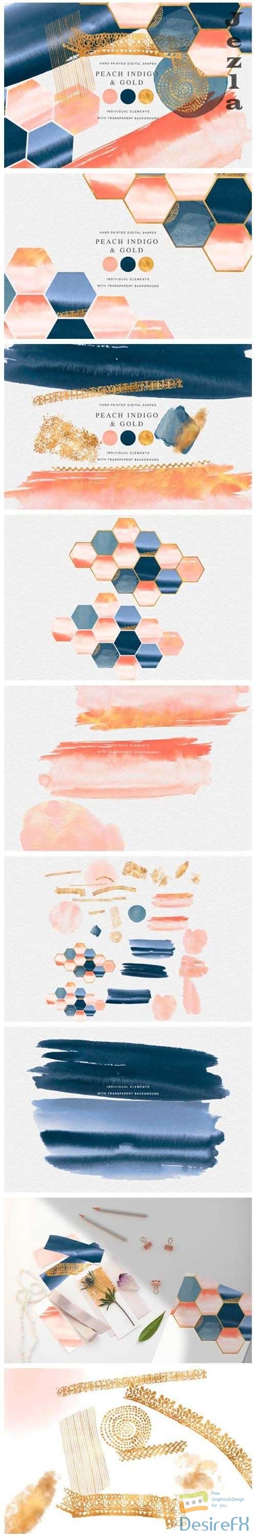Watercolor Shapes Peach Indigo Gold - 4863290