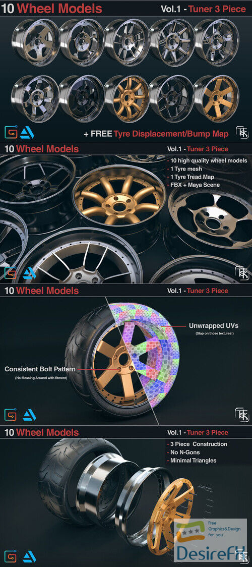 10 Wheels - Rims Models - Tuner 3 Piece Vol 01 3D Model