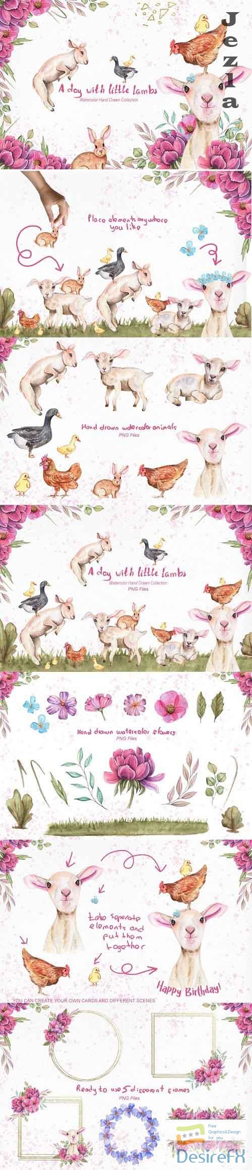 Watercolor Day with little Lambs  - 5004825