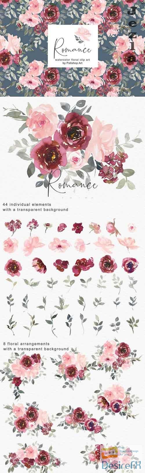 Blush & Burgundy Watercolor Floral Clip Art Set - 580713
