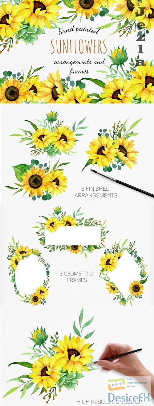 Sunflowers watercolor clipart, bouquets and frames - 572499