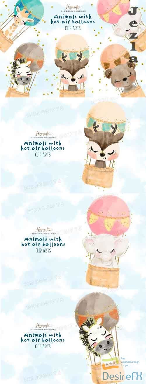 Watercolor animals with hot air balloon illustration  - 571121