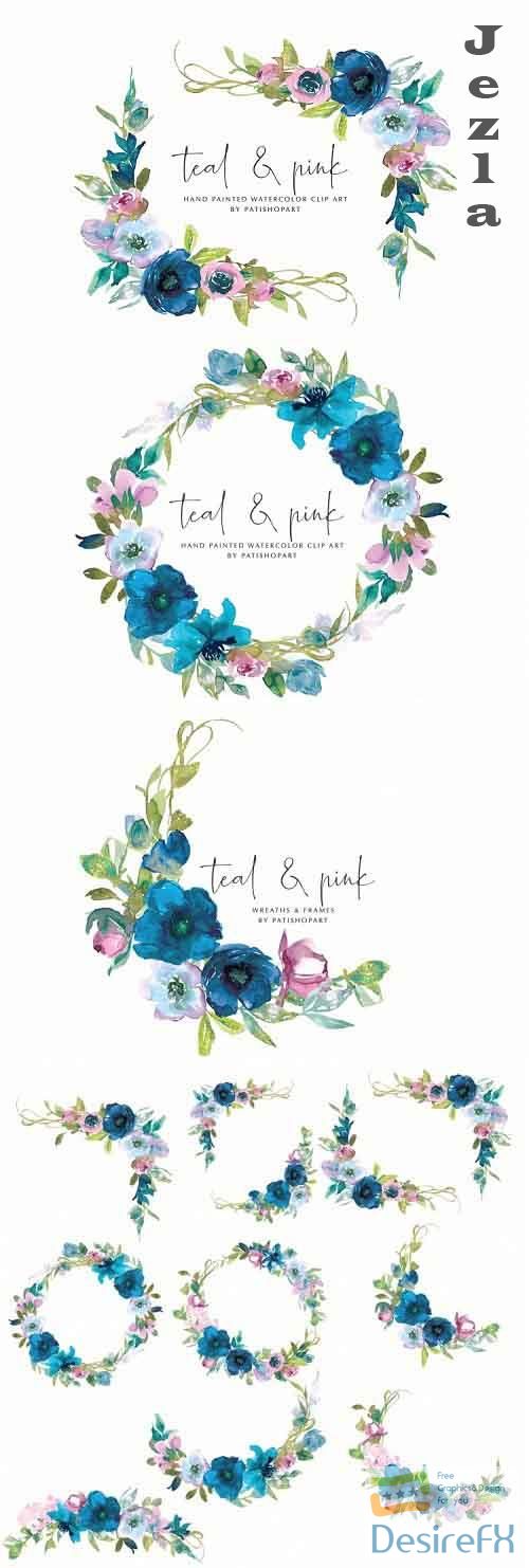 Watercolor Teal & Pink Floral Wreath & Frames - 652873