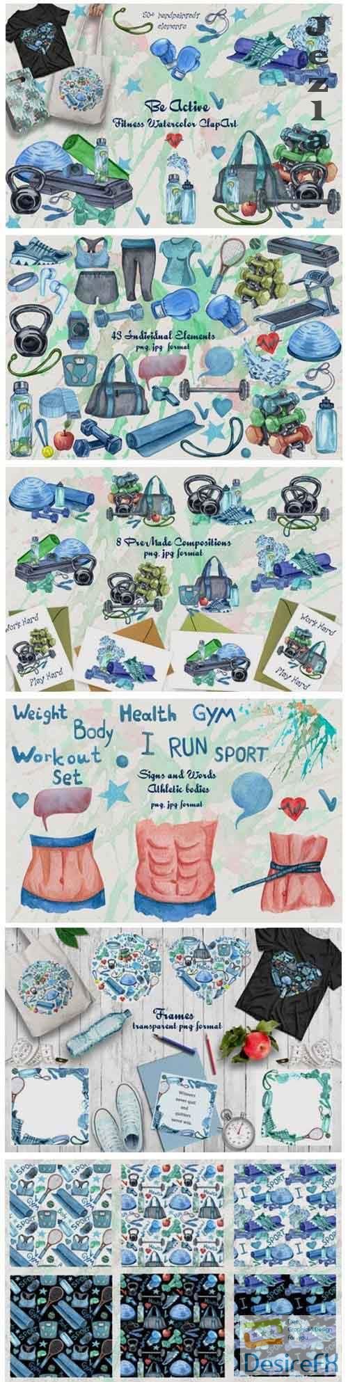 Be Active. Watercolor Fitness Clip Art  - 356599