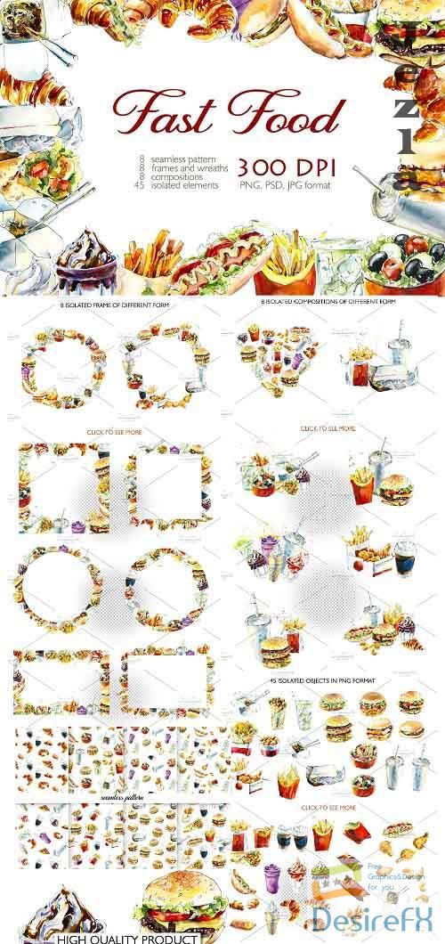 Set of sketches watercolor Fast Food 2863376