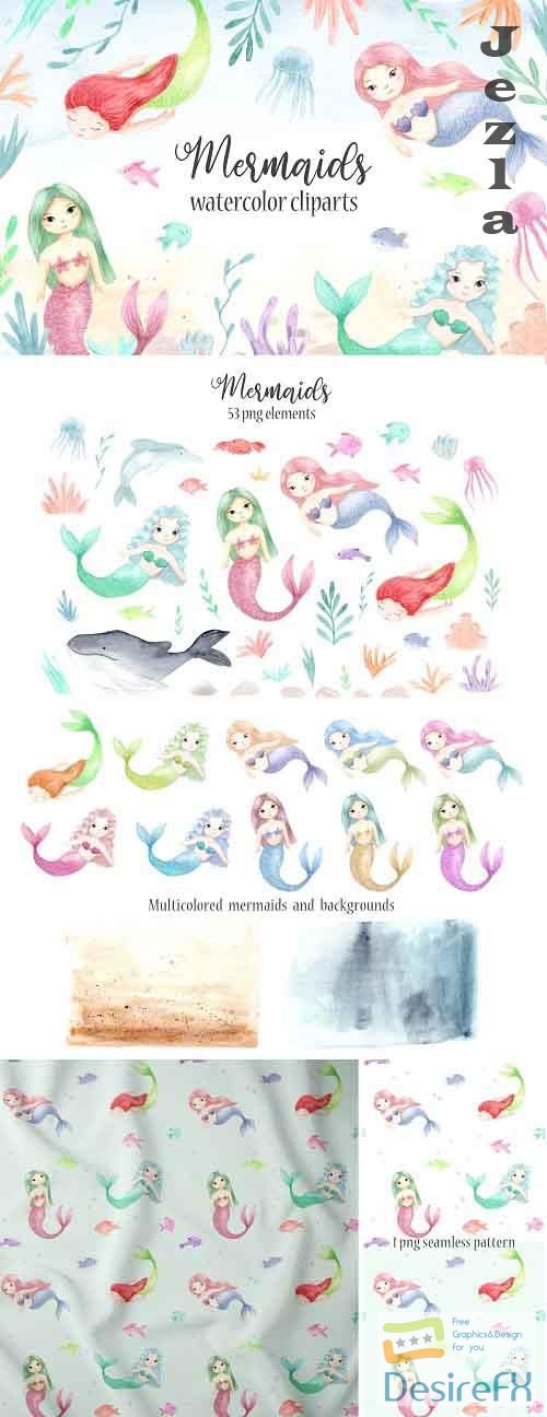 Watercolor Mermaids. Kids Cliparts - 5005688