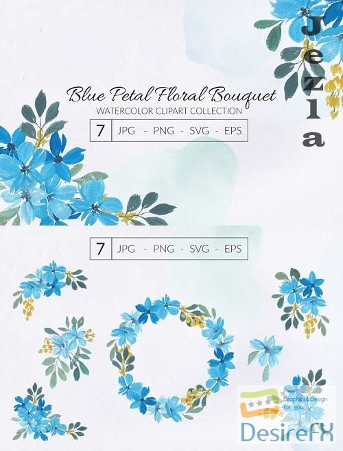 Watercolor Blue Petal Flower Bouquet - 665285