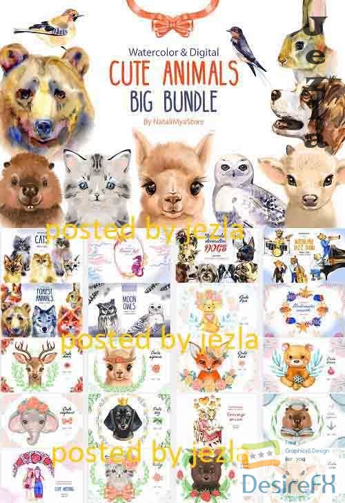 Watercolor Cute Animals Big Bundle - 20 Premium Graphics