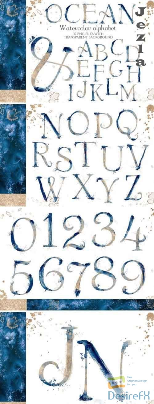 Abstract watercolor blue and gold alphabet - 645275