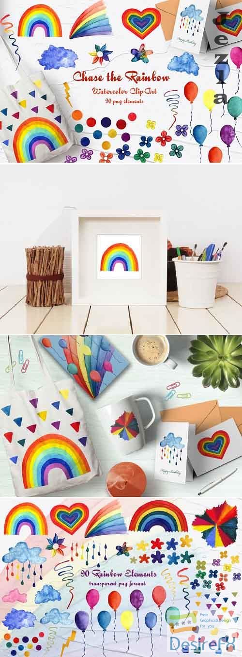 Chase the Rainbow Watercolor Clip Art. 600dpi - 541488