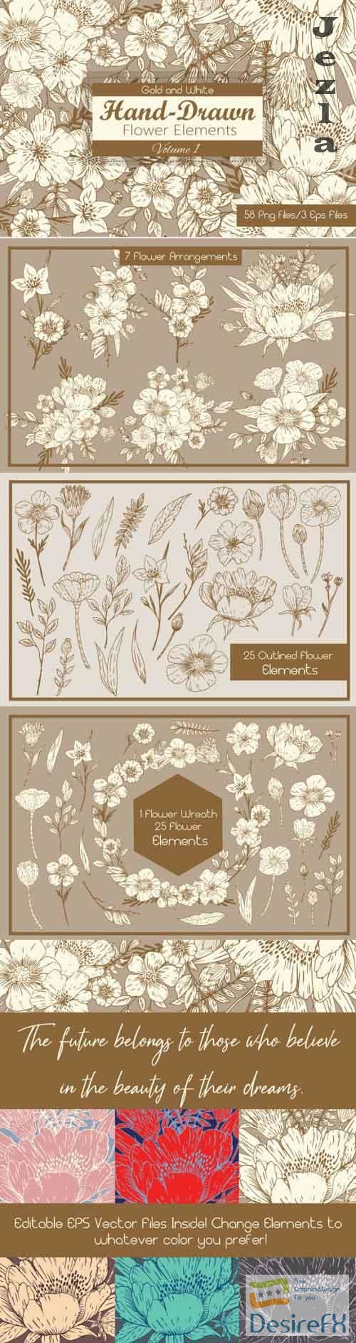 Gold and White HandDrawn Flower Elements