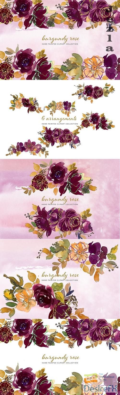 Watercolor Burgundy Floral Clipart - 5136891
