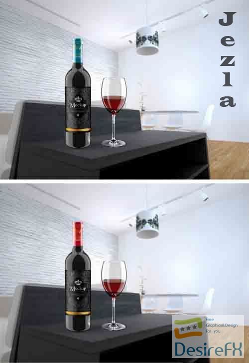 Wine Bottle and Glass Mockup with Room Scene 364552193