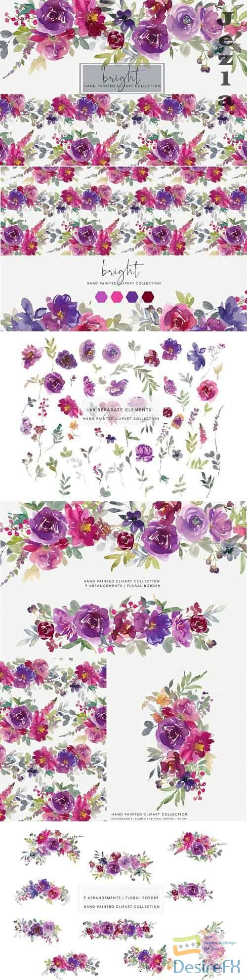 Purple and Magenta Watercolor Floral Clipart Set - 730786
