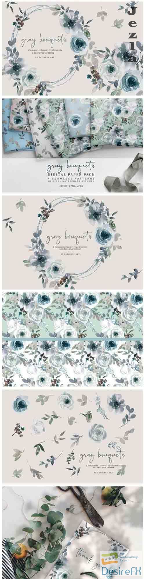 Gray and White Watercolor Floral Clipart and Pattern Set - 749038
