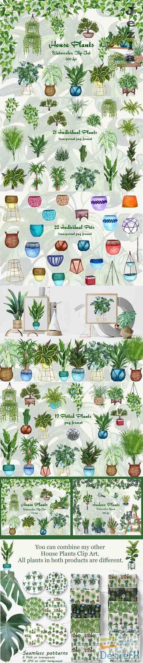 House Plants Watercolor Clip Art 600dpi - 611501