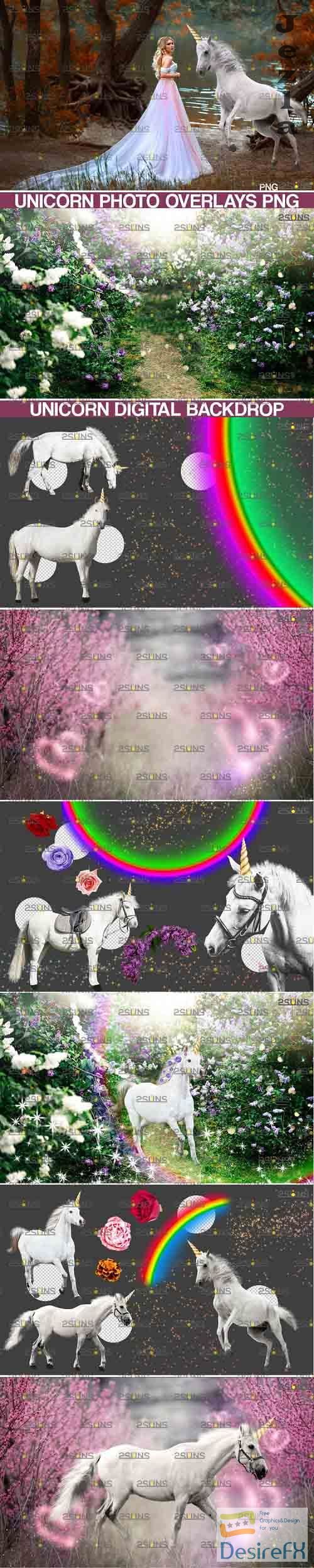 Unicorn overlay &amp; Flower backdrop, White Horse png overlays - 738331