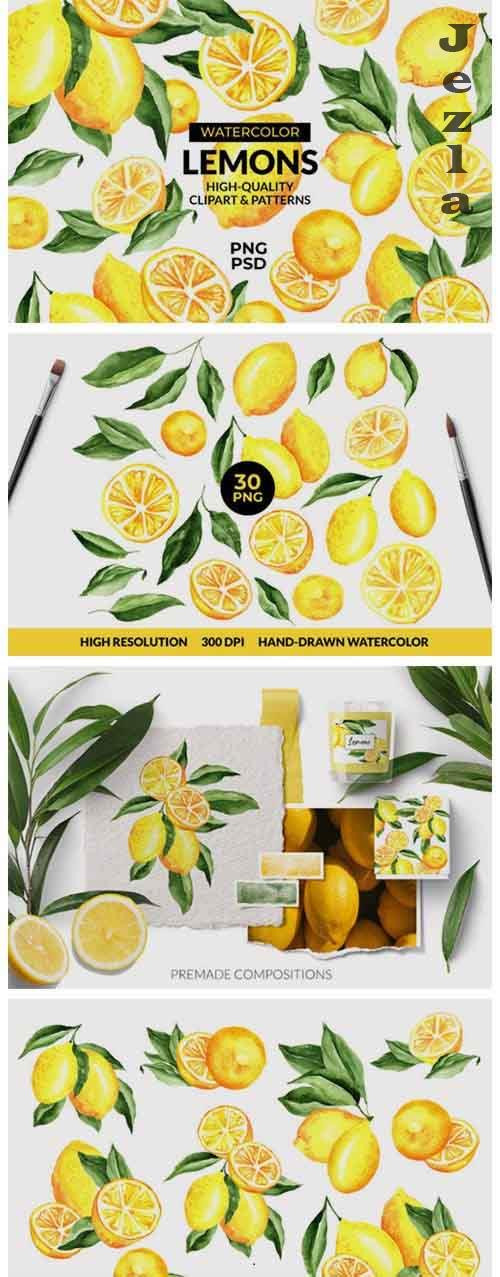 Lemon Watercolor Clipart & Patterns - 5438556