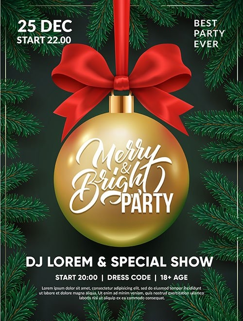 Christmas party flyer design, 3d christmas ball with red bow